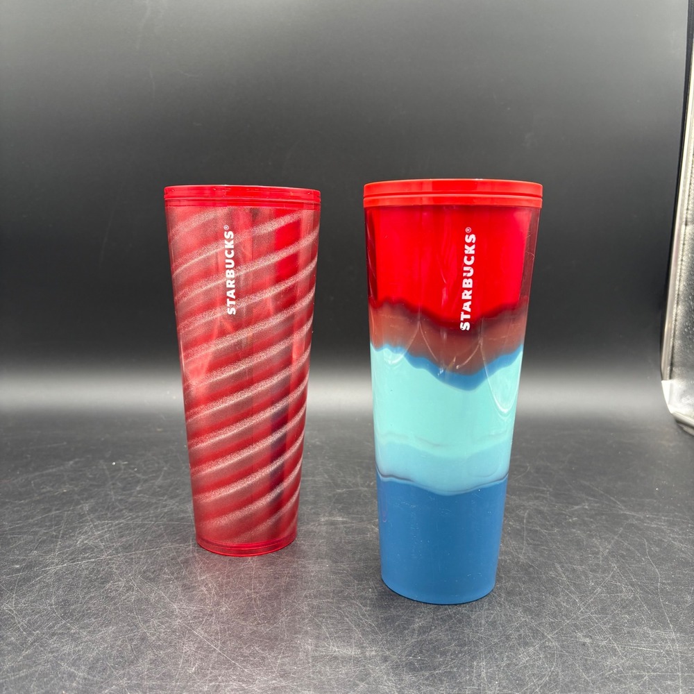 Starbucks 24oz Cold Cup Tumbler Set Red Candy Cane Swirl & Blue Red Tiered 2pc